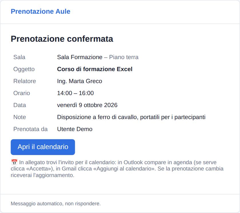 Email di conferma (con invito per il calendario, se attivo)