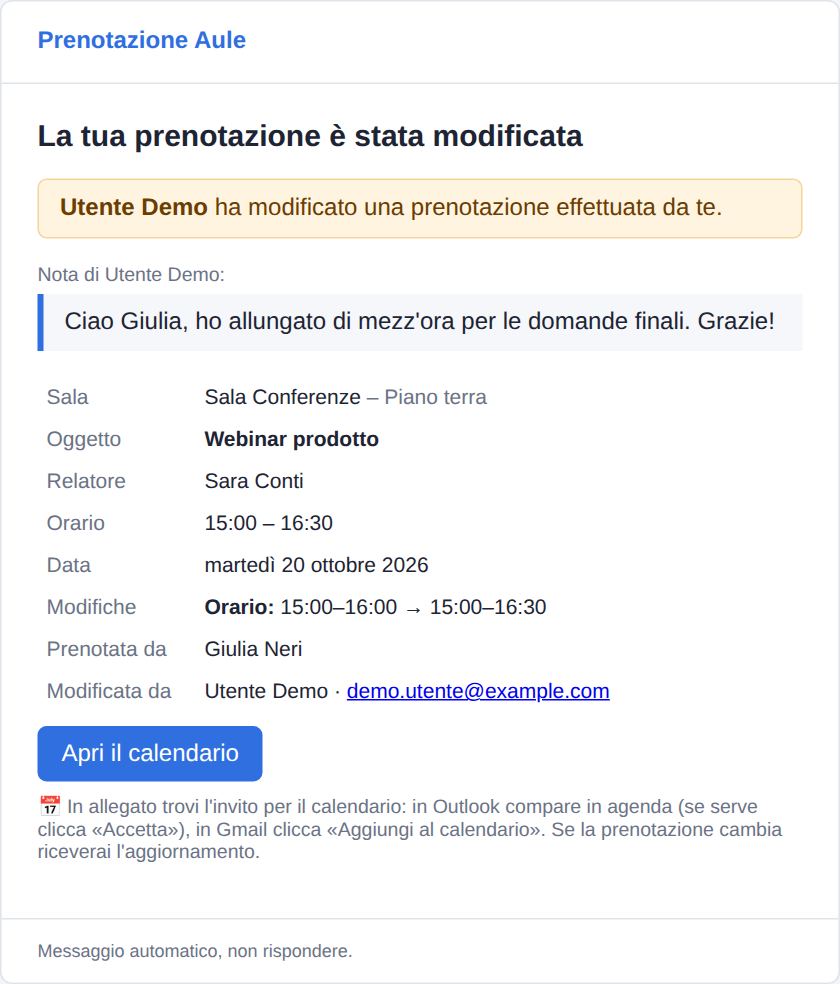 Avviso: un collega ha modificato la tua prenotazione